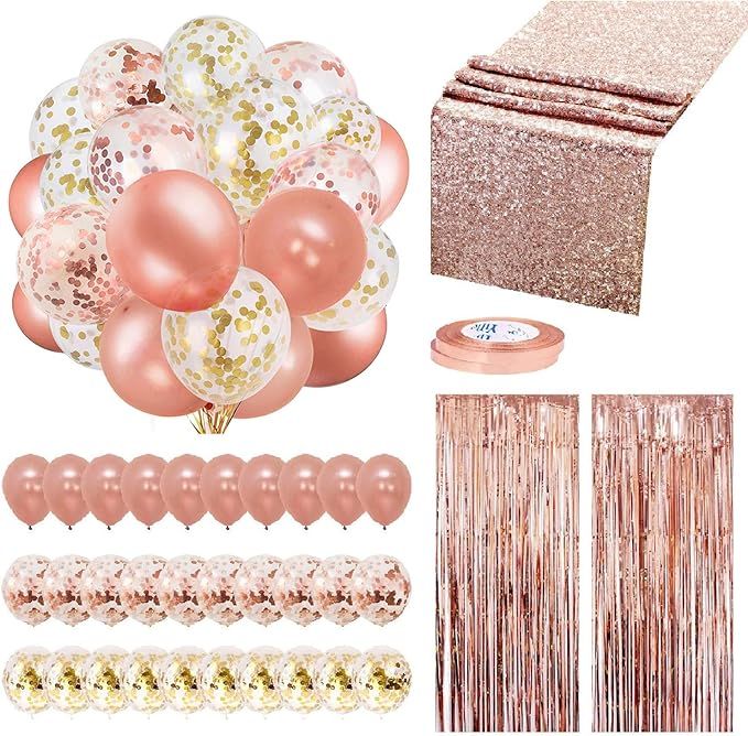 Rose Gold Balloons Party Decorations Supplies Set 35 Pack Include 30 Balloons, 2 Foil Fringe Curt... | Amazon (US)