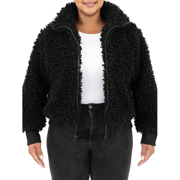 Cyn & Luca Women's Plus Size Faux Sherpa Bomber Jacket - Walmart.com | Walmart (US)