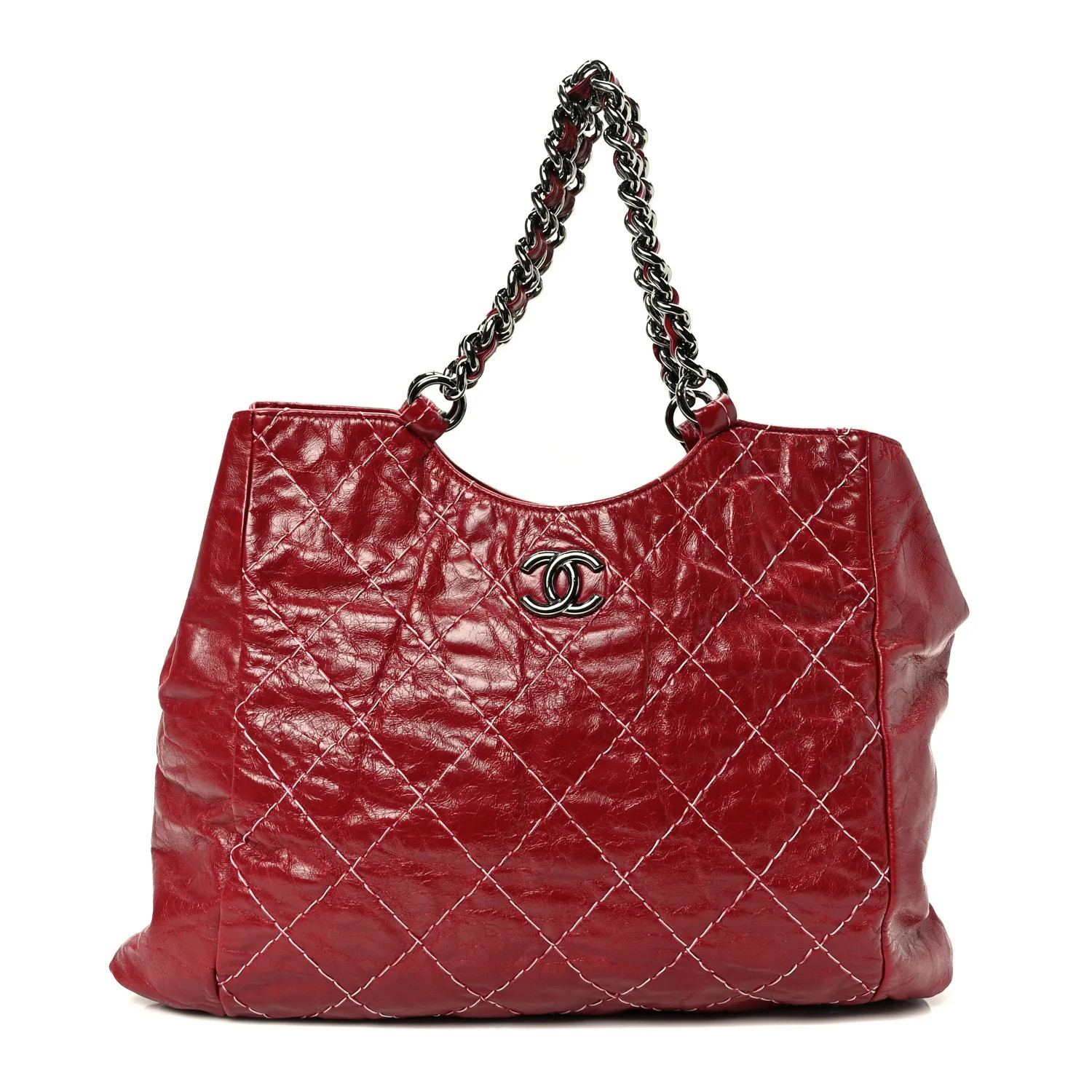 Glazed Goatskin Double Contrast Stitch Tote Red | FASHIONPHILE (US)