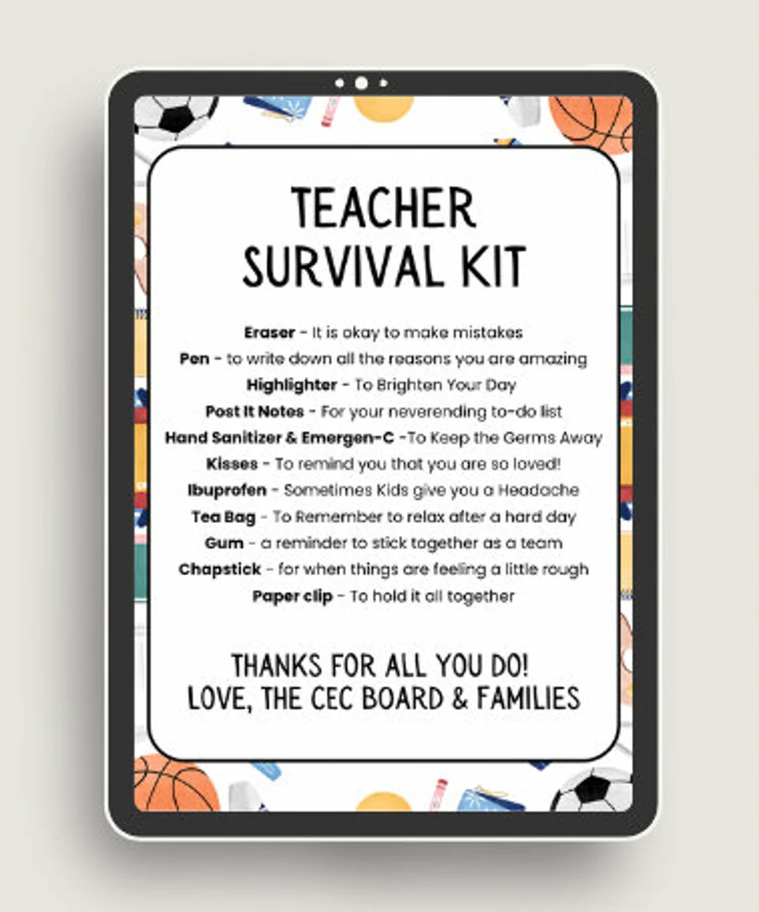 Teacher Survival Kit PDF Digital Download Editable Printable Teacher Appreciation Gift Back to Sc... | Etsy (US)