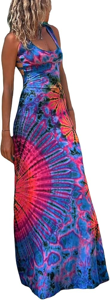 Women Sexy Backless Maxi Dress Y2k Tie-Dye Print U-Neck Sleeveless Fashion Cross Backless Party D... | Amazon (US)