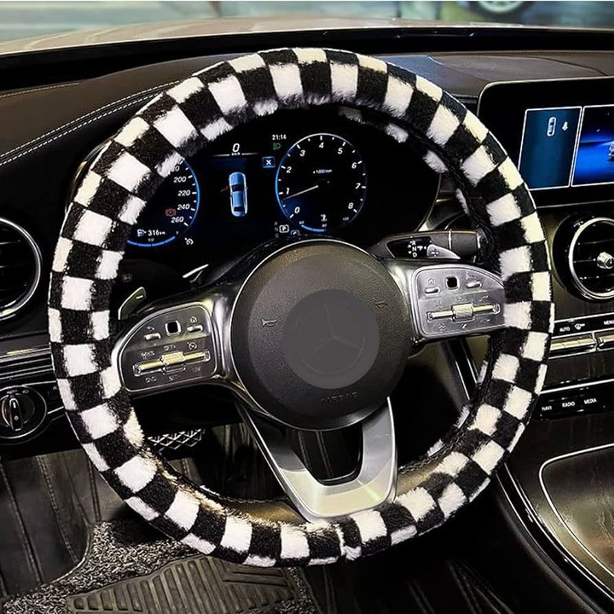 Microfiber Plush Car Steering Wheel Cover for Women, Classical Black White Checkerboard Pattern, ... | Amazon (US)