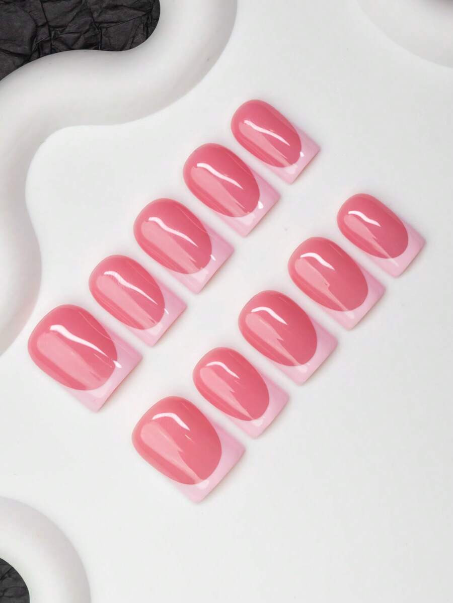 10pcs Square Shaped Handmade Nail Tips, Y2K Baddie Style, Nude & Pink Color Solid French Tip Arti... | SHEIN