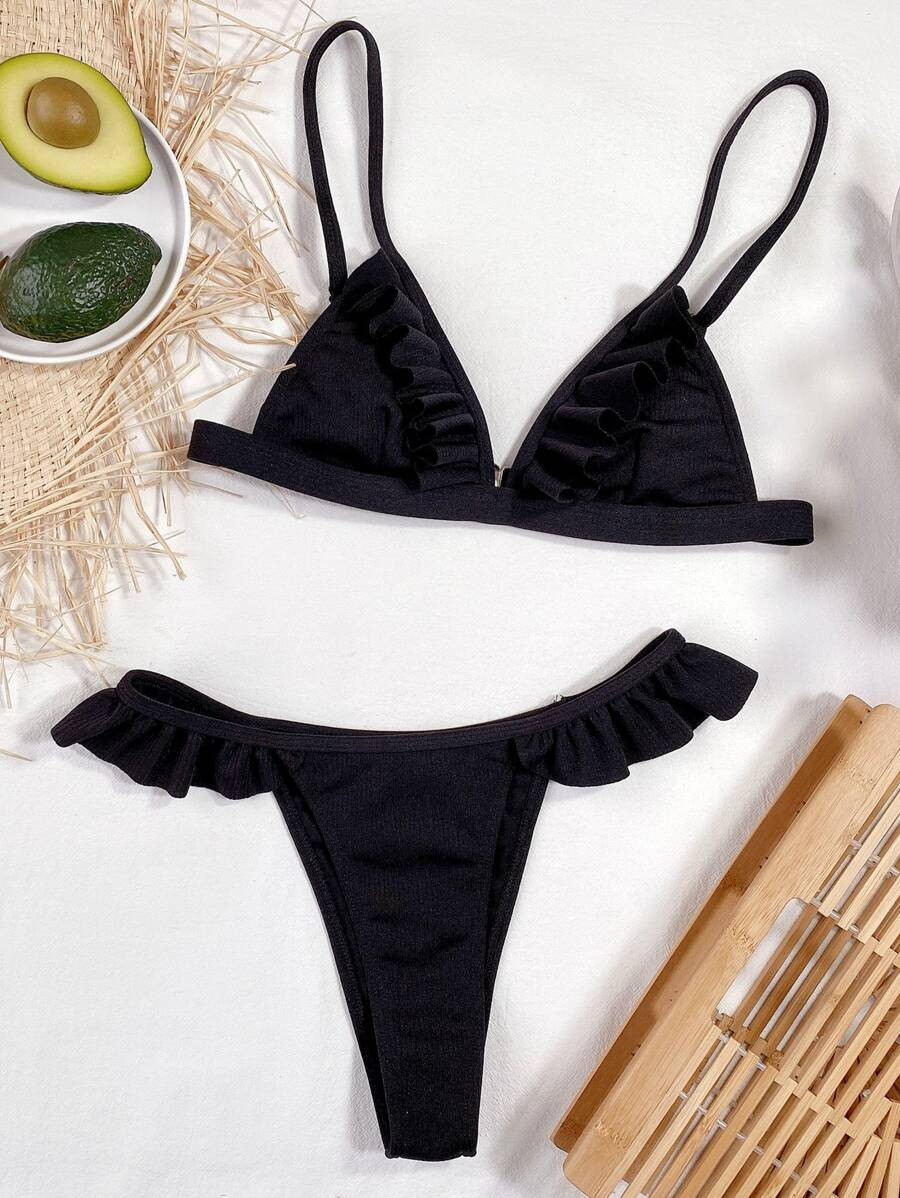 Rib Ruffle Micro Triangle Thong Bikini Swimsuit | SHEIN