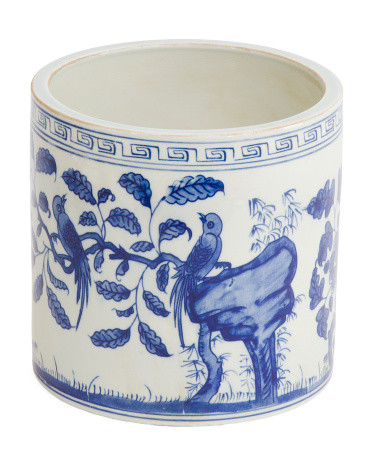 Porcelain Flower Bird Greek Key Cachepot | TJ Maxx