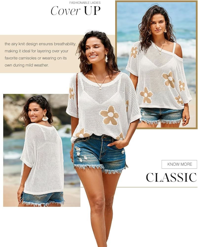 Dokotoo Womens Floral Fashion Summer Tops 2026 Short Sleeve Crochet Sweaters Swimsuit Cover Ups L... | Amazon (US)