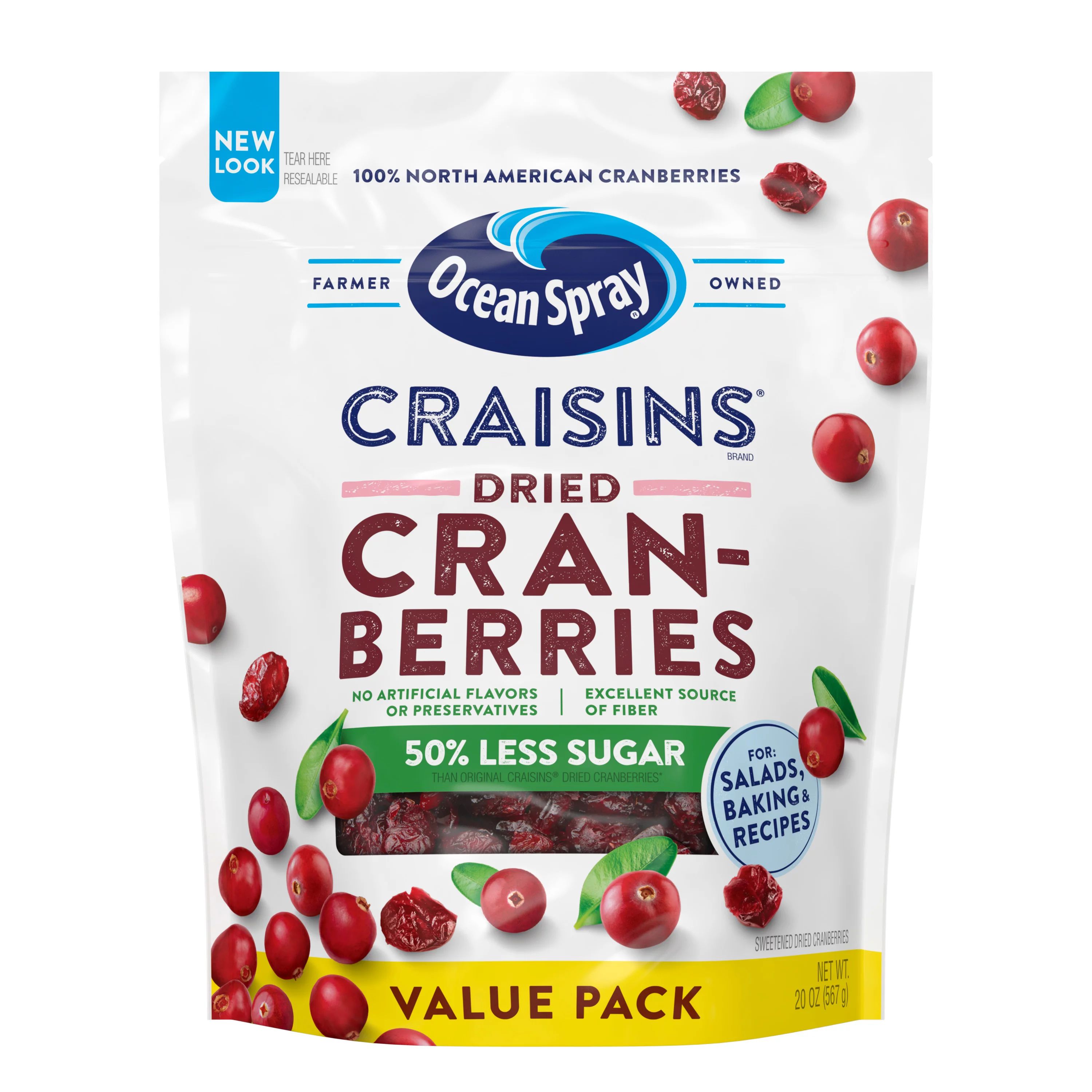 Ocean Spray Craisins Dried Cranberries, Reduced Sugar, 20oz Resealable Pouch | Walmart (US)