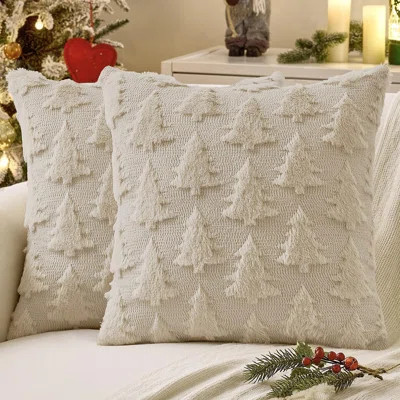 Christmas Throw Pillow Covers Beige Christmas Decorations Set Of 2 Xmas Tree 18X18 Pillow Covers Soft Plush Faux Wool Pillowcases Holiday Festivals Wi | Wayfair North America