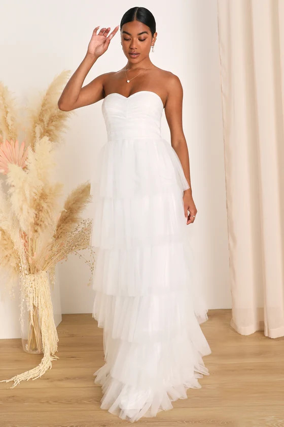 Phenomenal Passion White Tulle Pleated Strapless Maxi Dress | Lulus