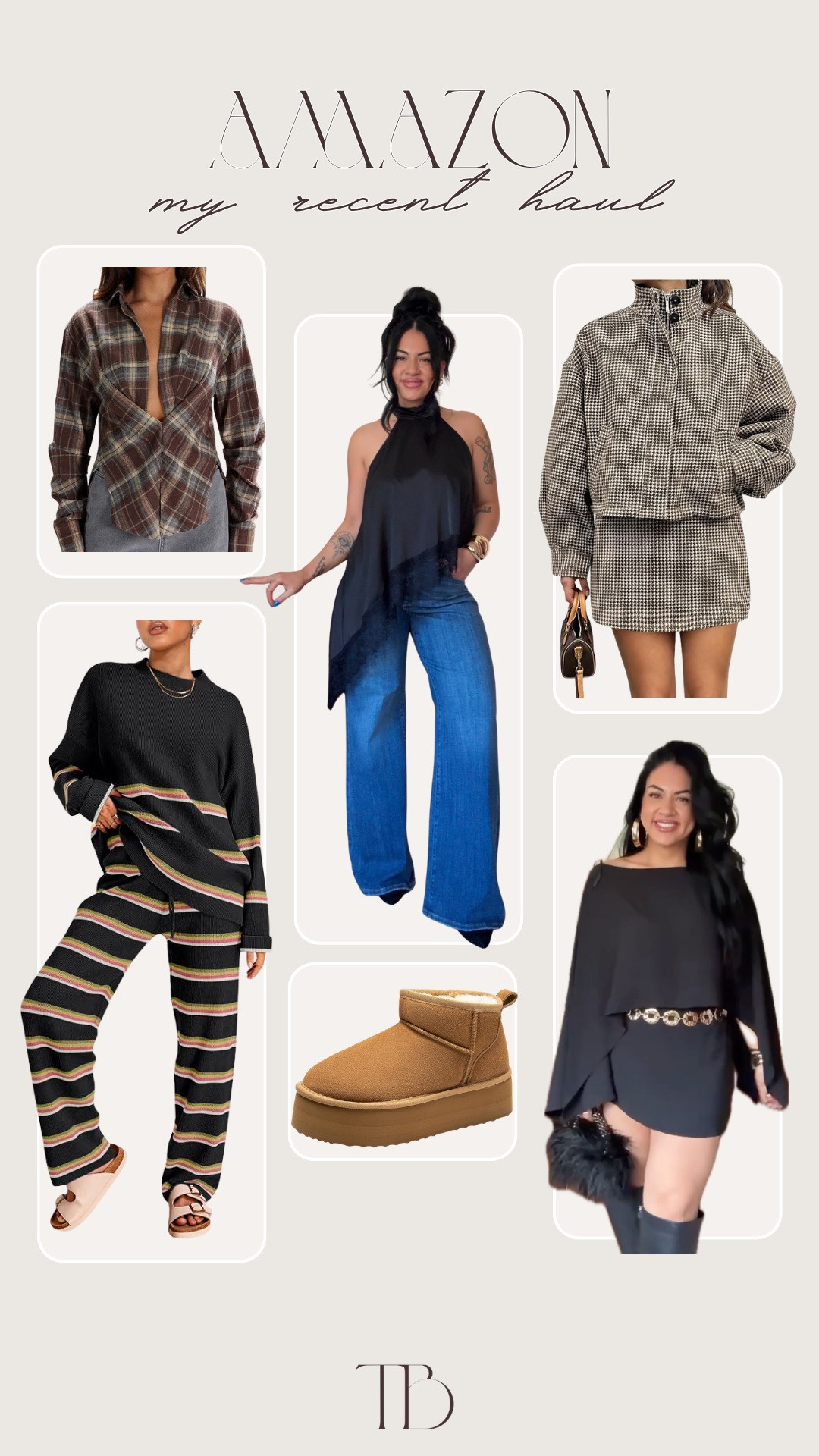 Check out my recent Amazon finds!

wearing a size large in sets & medium in tops!

chunky heel boots, chunky gold hoop earrings, 3 piece outfit, skirt set, halter neck top, feather clutch, bangle bracelets, striped sweater set, plaid shirt, tori block