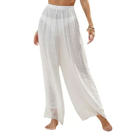 Women s See Through Beach Pants Swimsuit Bikini Bottoms Coverups Pants Elastic Waist Wide Leg Palazz | Walmart (US)