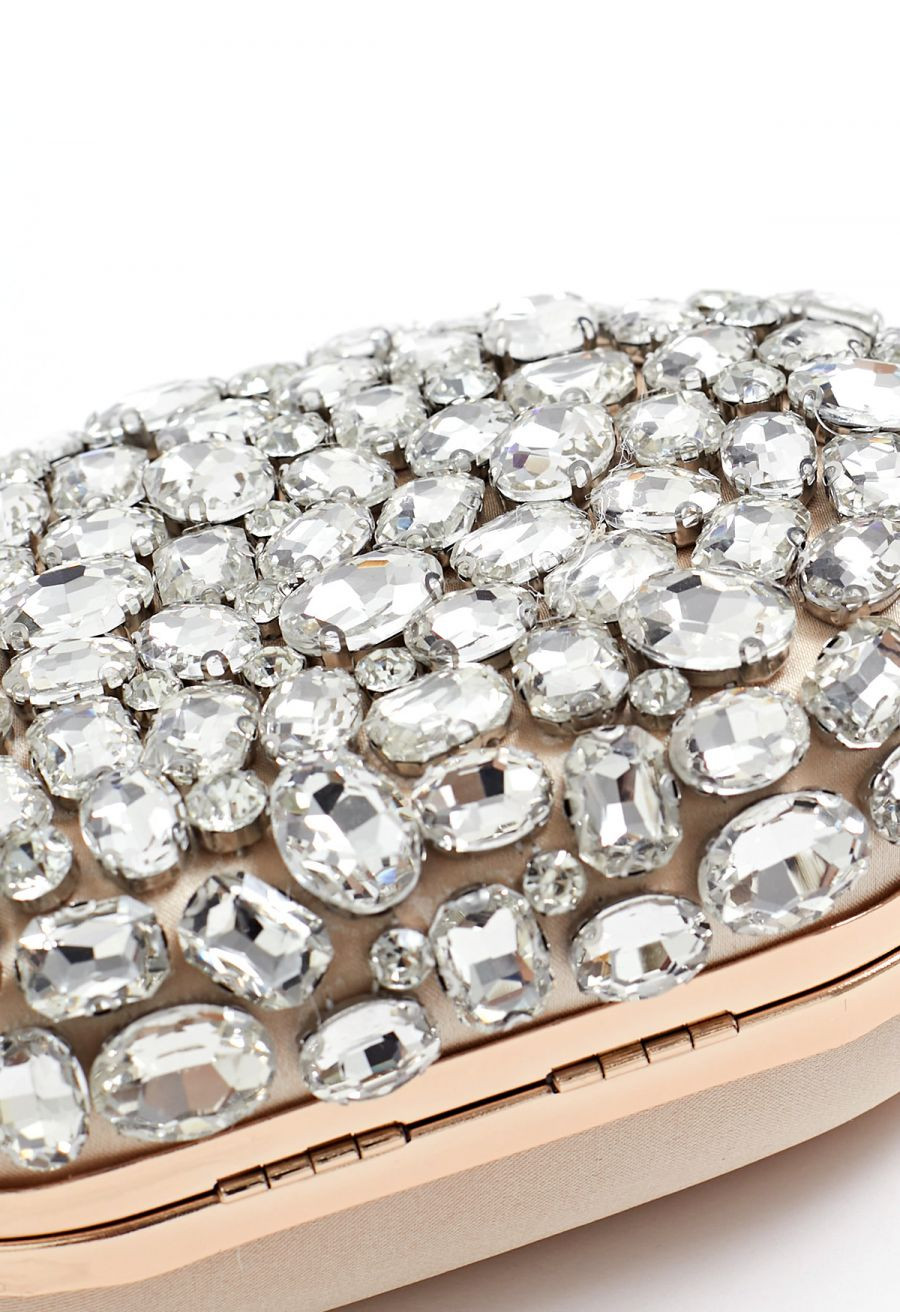 Sparkly Rhinestones Oval Clutch in Champagne | Chicwish