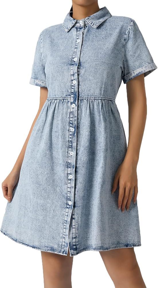 Multitrust Women Denim Button Down Shirts Dress Casual High Waisted Mini Dress Short Sleeve Swing... | Amazon (US)