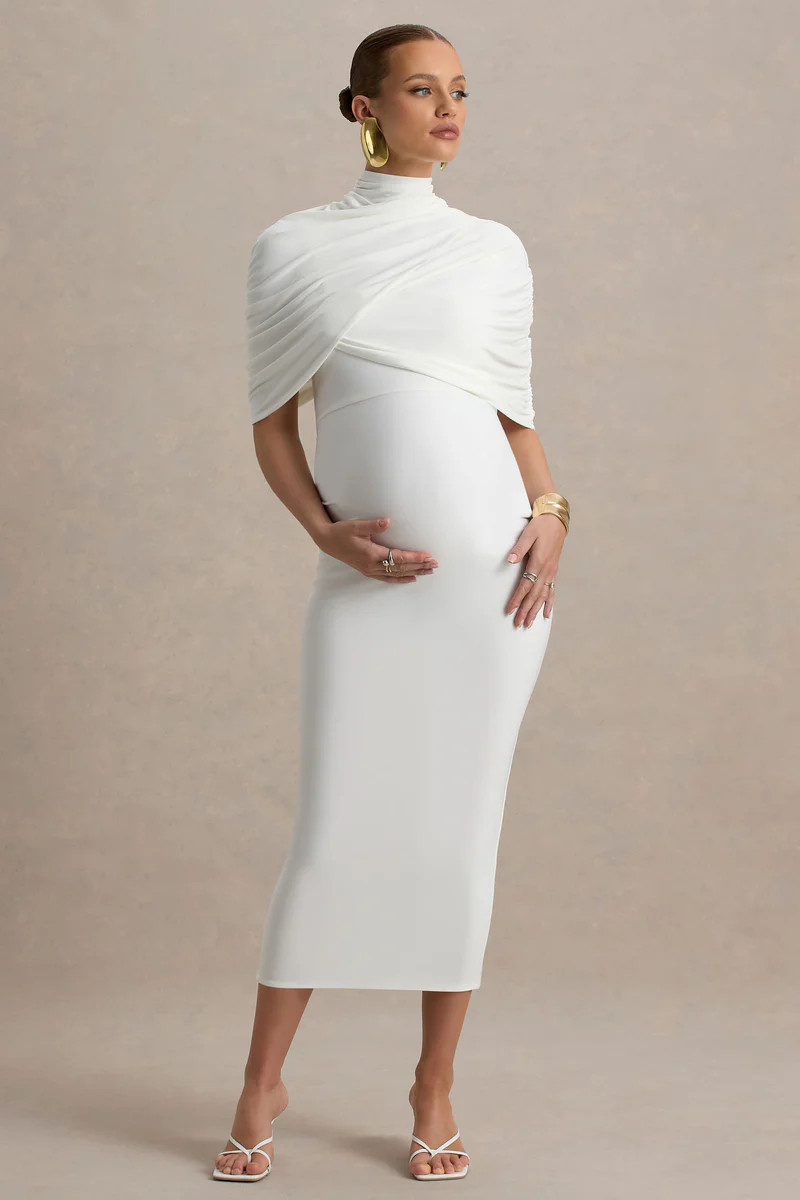 Augustina  White Maternity Midi Dress With Cape | Club L London