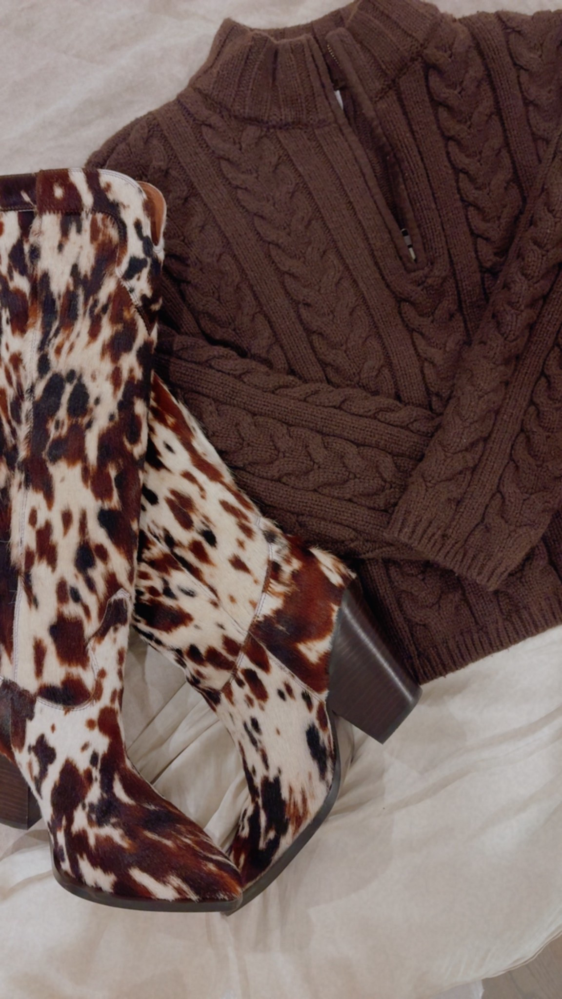 Cow print boots and cozy cable knit quarter zip in chocolate brown 

#LTKootd #LTKgrwm