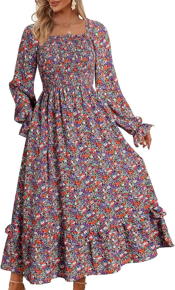 Dokotoo Spring Dresses for Women Casual Floral Square Neck Long Sleeve Smocked Elastic Waist Tier... | Amazon (US)