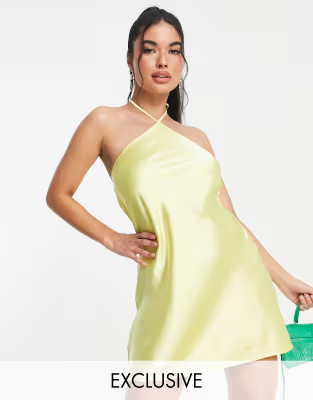 ASYOU halter neck satin slip mini dress in pale yellow | ASOS (Global)