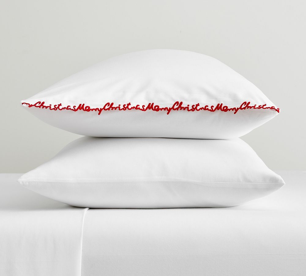 Merry Christmas Embroidered Percale Pillowcases | Pottery Barn (US)