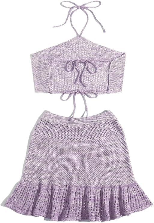 Womens 2024 Swimsuit Cover Up Solid Color Hollow Out Neck Top And Skirt Cover Suit | Amazon (US)