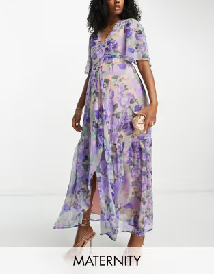 Hope & Ivy Maternity flutter sleeve wrap maxi dress in blue floral | ASOS (Global)