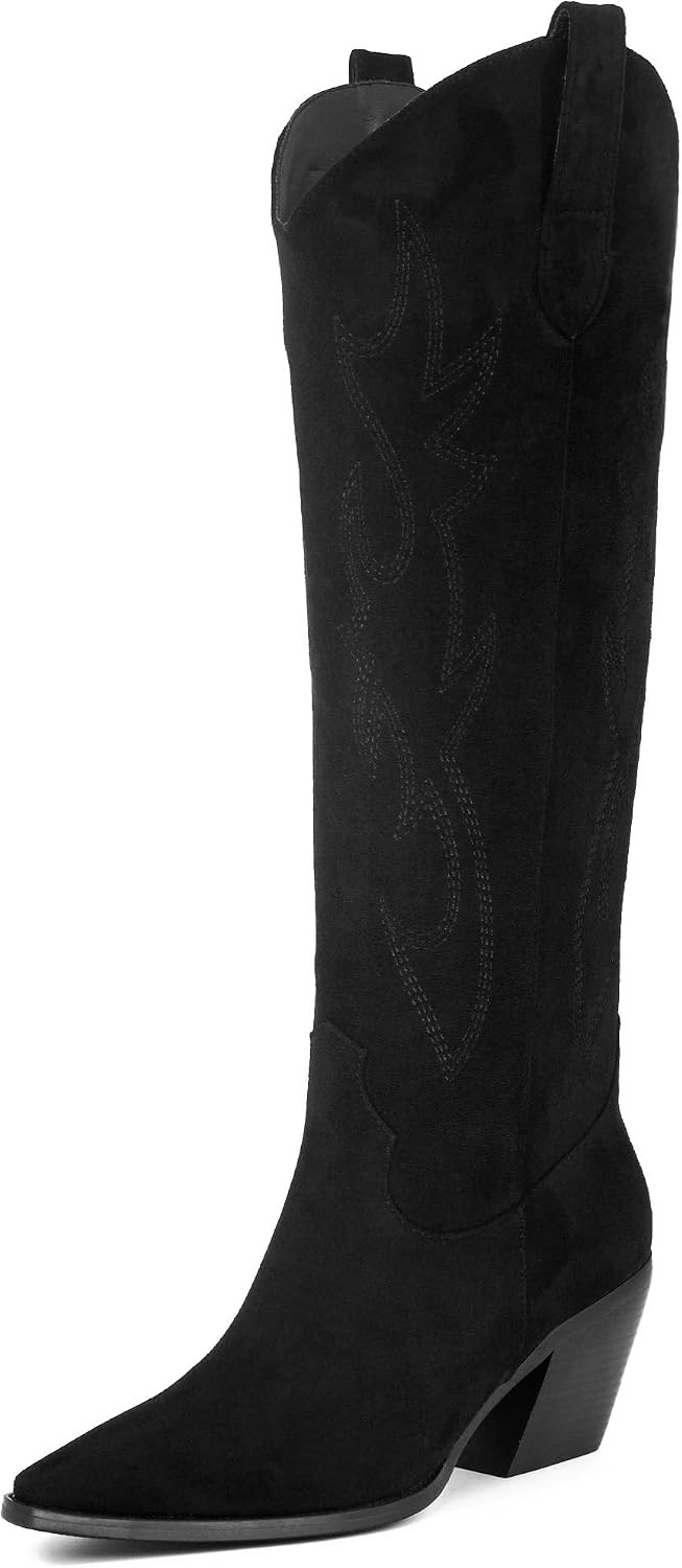 Cowgirl Boots Women Knee High Boots Pointed Toe and Block Heel Cowboy Suede and Faux Leather Boots with Embroidered | Amazon (US)