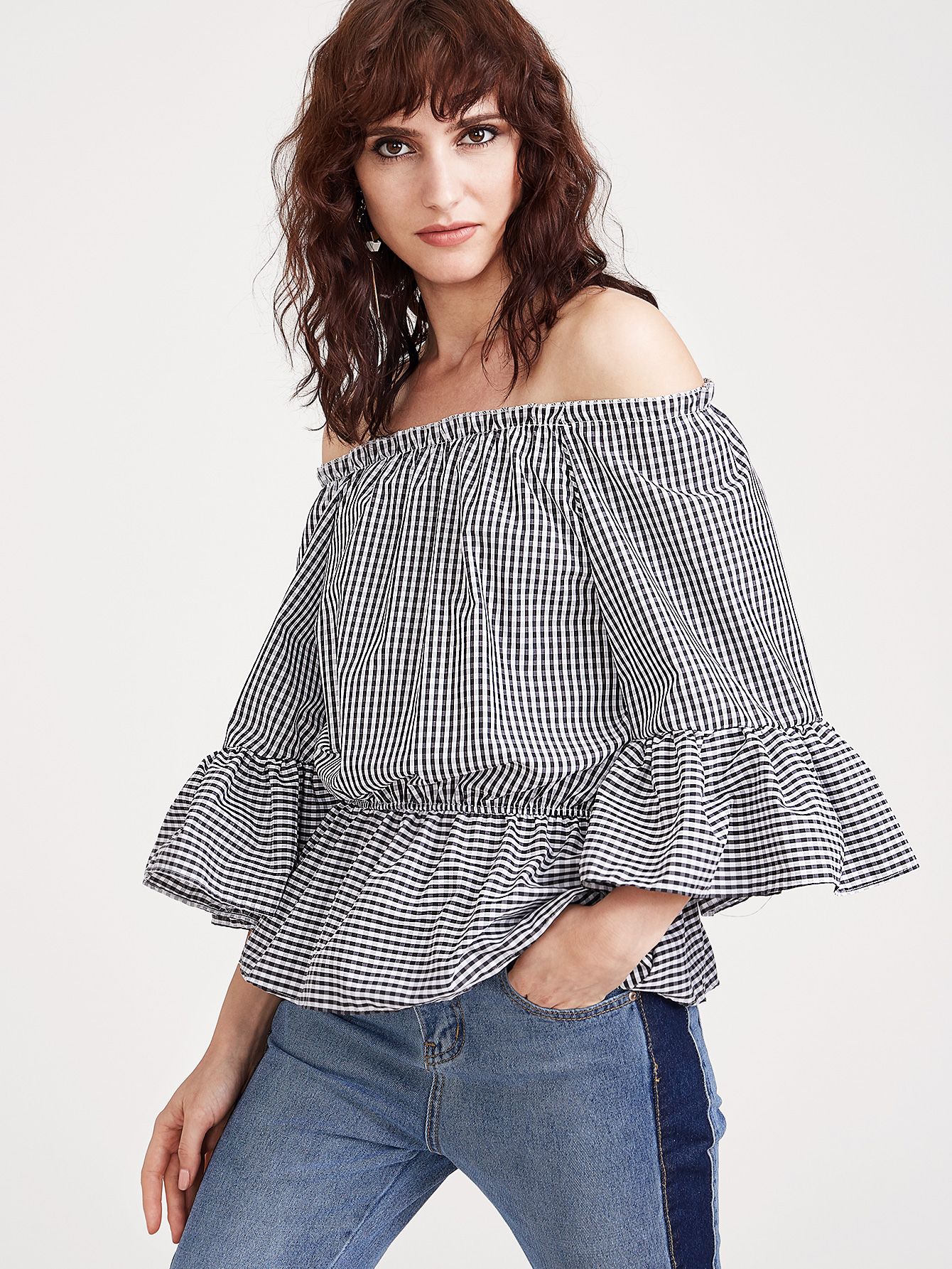 Gingham Plaid Off The Shoulder Bell Sleeve Peplum Top | SHEIN