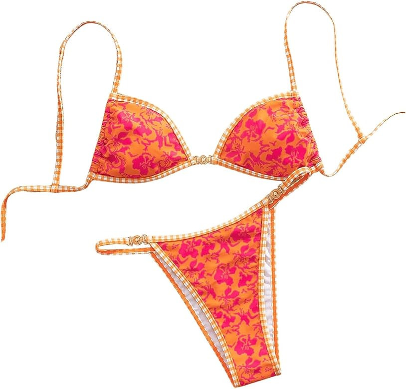 GORGLITTER Women's Floral Bikini Set Two Piece Striped Trim Tie Backless Bra Thong Swimsuit | Amazon (US)