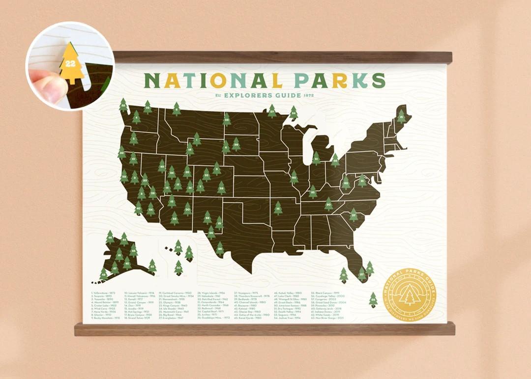 National Parks Map print with Tree Stickers and frame to keep track of your travels | Etsy (US)