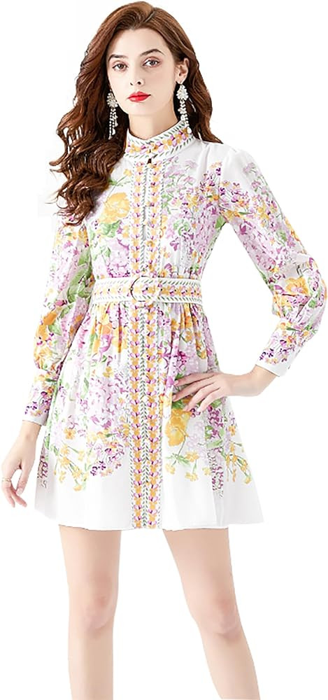 LAI MENG FIVE CATS Women's Button up Floral Print Long Sleeve Casual A-line Mini Shirt Dress | Amazon (US)