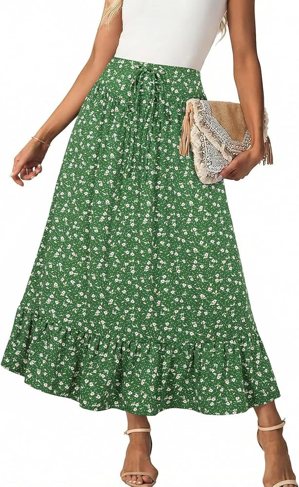 BLENCOT Women's Boho Floral Maxi Skirt High Waisted Smocked Tiered A-Line Long Skirts | Amazon (US)