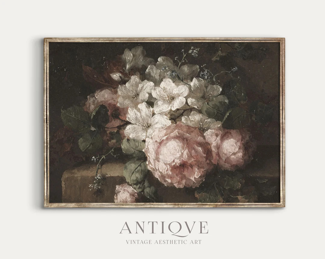 Moody Vintage Still Life Roses Oil Painting Vintage Printable Wall Art Digital Download 723 - Ets... | Etsy (US)