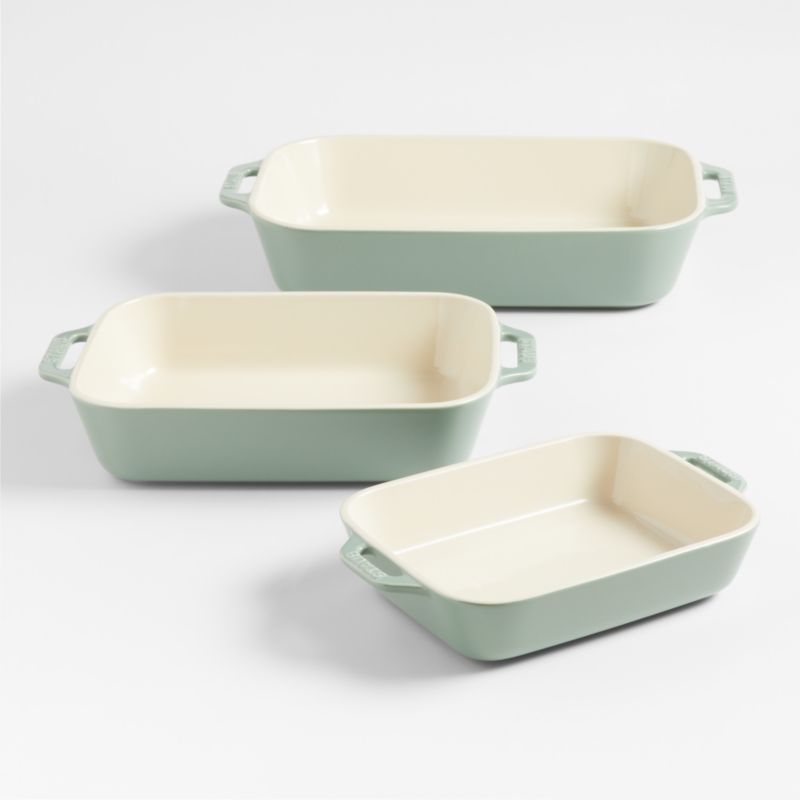 Staub 3-Piece Eucalyptus Green Ceramic Baking Dish Set + Reviews | Crate & Barrel | Crate & Barrel