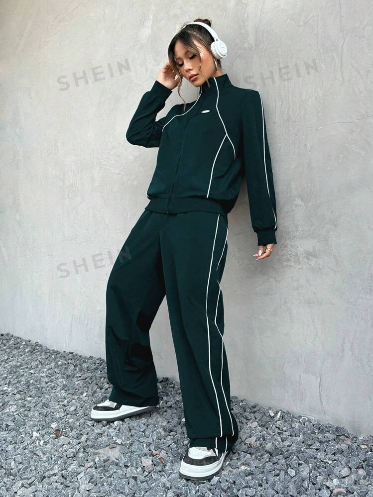 SHEIN Coolane Women's Autumn Letter Embellished Zip Up Jacket And Loose Pants Casual Suit | SHEIN... | SHEIN