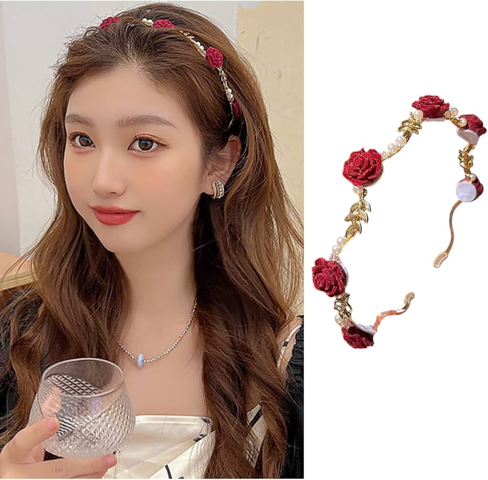 AIUPUOC Valentine Headband Hair Clips Flower Metal Hair Accessories Exquisite Red Rose Gold Metal... | Amazon (US)