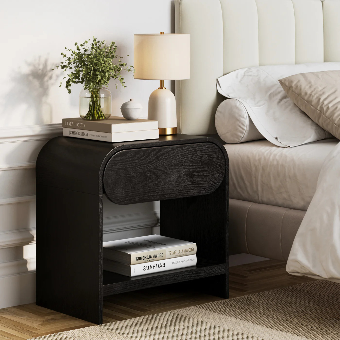 Mid-Century Wood Arched Nightstand Black Oak | Nathan James