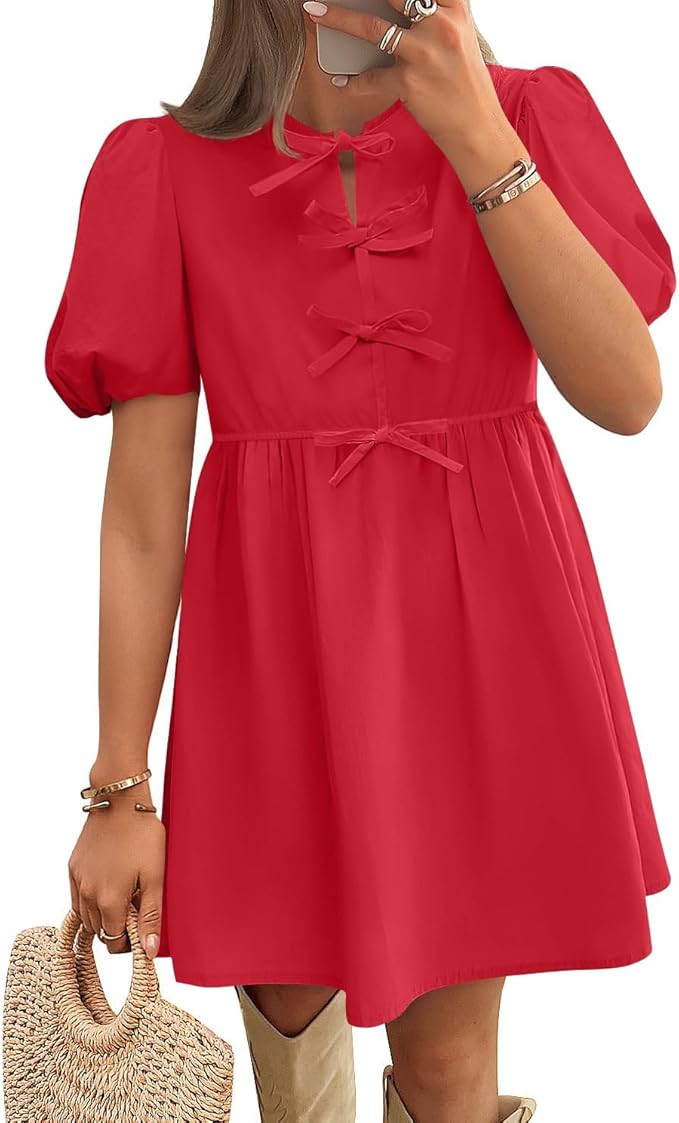 ZESICA Women's Summer Short Sleeve Tie Front Mini Dress Cute Babydoll Ruffle Pleated A Line Tunic... | Amazon (US)