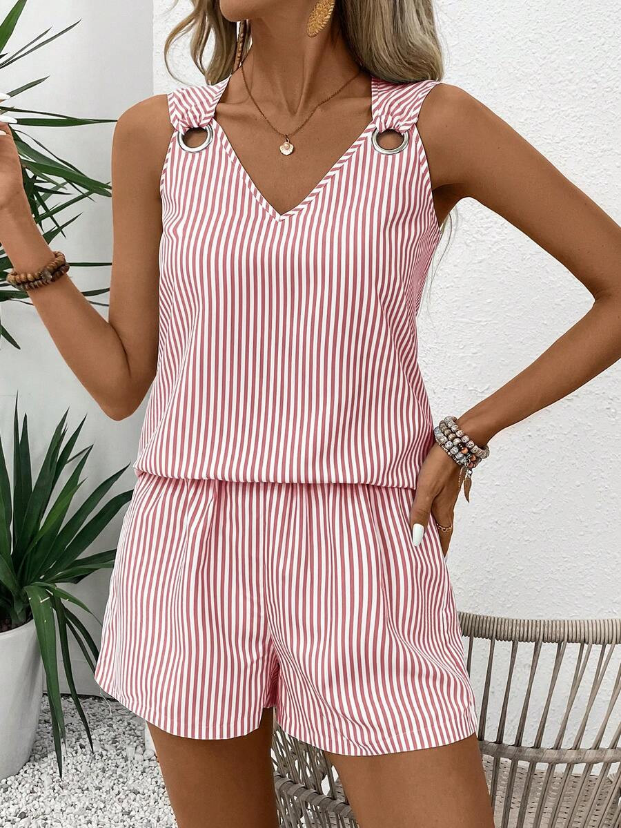 EMERY ROSE V-Neck Sleeveless Casual Striped 2 Pieces Set For Women | SHEIN