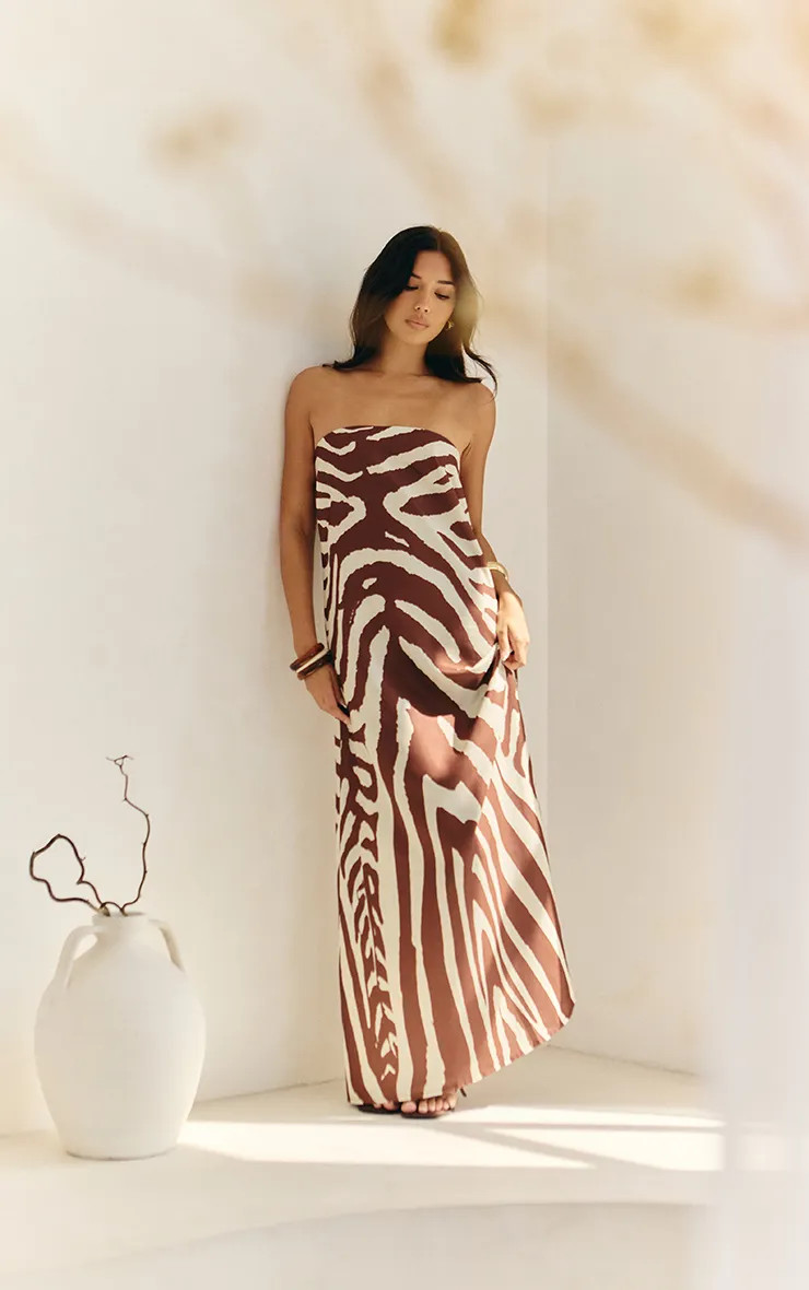 Tan Zebra Abstract Print Woven Bandeau Maxi Dress | PrettyLittleThing USA | PrettyLittleThing US