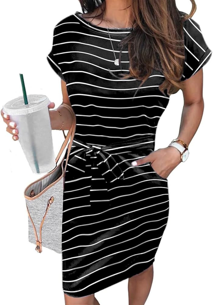 Arolina Womens Summer Short Sleeve Striped T Shirt Dress Casual Midi Dresses Crewneck Tie Waist w... | Amazon (US)