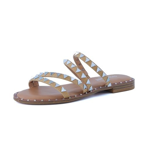 CUSHIONAIRE Tonya Studded Womens Sandals – Slip-On Rounded Open Toe Strappy Slides for Women, TAN 8.5 | Amazon (US)