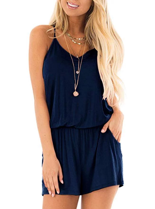 Womens Summer Loose V Neck Spaghetti Strap Short Jumpsuit Rompers - Walmart.com | Walmart (US)