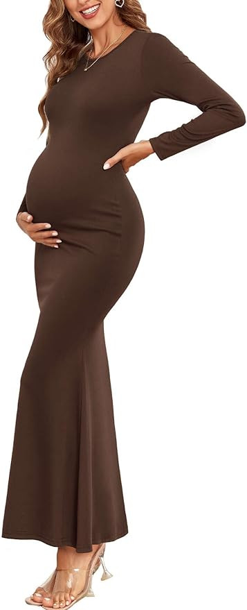 Maternity Bodycon Mermaid Maxi Dress Sexy Crew Neck Long Sleeve Ribbed Pregnancy Dresses Fall Bab... | Amazon (US)