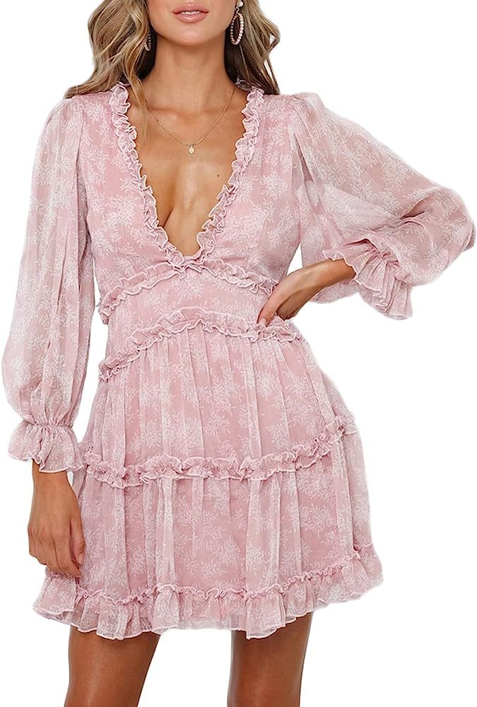 ROVLET Women Floral Long Sleeve Dresses Deep V Neck Ruffle Backless Mini Dresses for Party Weddin... | Amazon (US)
