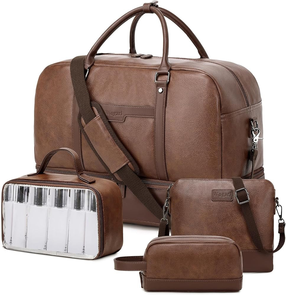 Wogarl 4PCS Leather Weekender Bag for Women Men Large Overnight Bag Travel Duffel Bag with Shoe C... | Amazon (US)