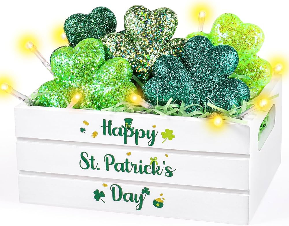 St Patrick's Day Tiered Tray Decor Mini Wooden Crate with 5 Foam Shamrocks LED Light and Raffia H... | Amazon (US)