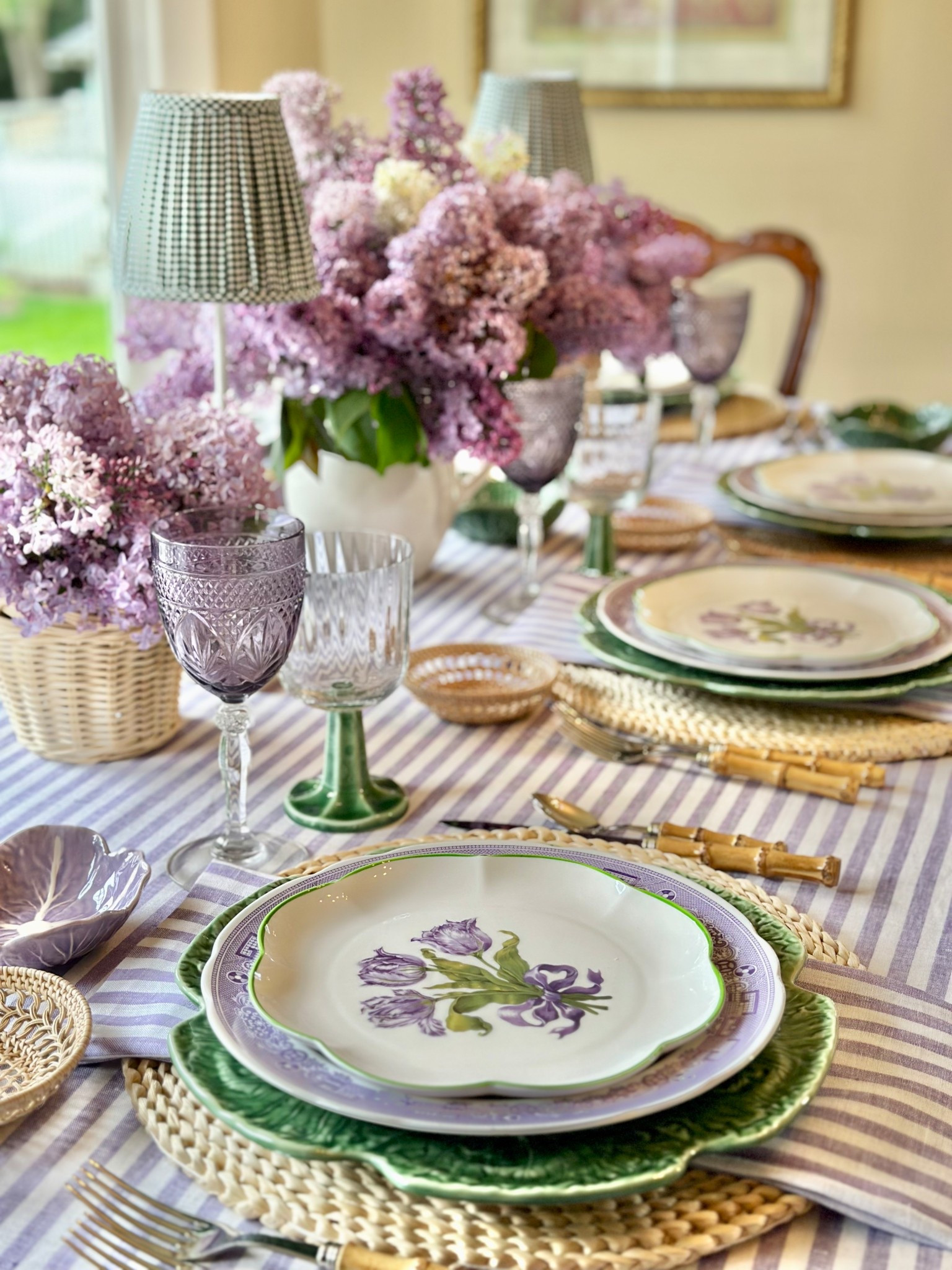 100% linen table linens from Solino Home sprint table purple lilacs lilac bamboo flatware rechargeable lights vintage china cabbageware 