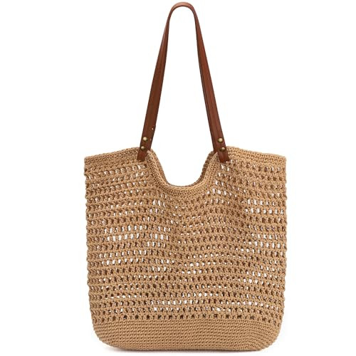 BINSUNS Crochet Bags for Women, Mesh Beach Tote Bag Knitting Summer Vacation Handbags(Khaki) | Amazon (US)