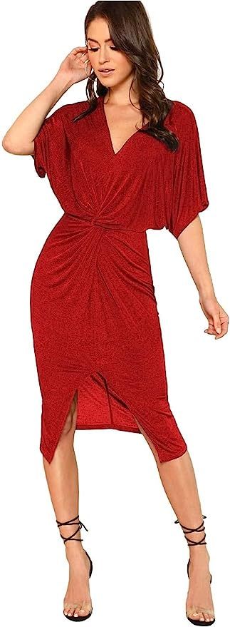 Floerns Women's Short Sleeve V Neck Twist Front Split Midi Dress | Amazon (US)