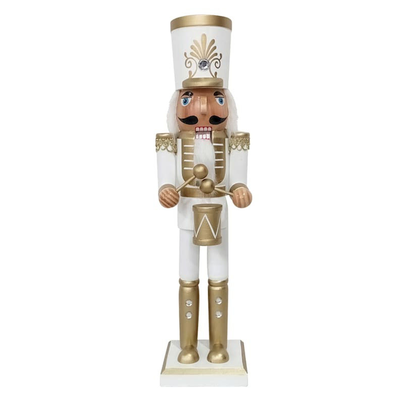 White & Gold Coat Drummer Nutcracker, 15" | At Home