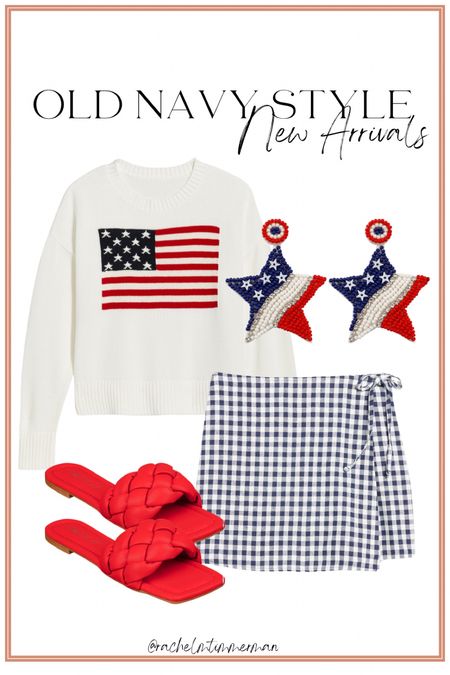 How cute is this patriotic look! This sweater is a new arrival and also comes in navy. I adore this gingham wrap skirt that’s currently on sale. It comes in several prints! The sandals and earrings are amazon finds. 

Old navy. Flag sweater. Patriotic style. LTK under 50. 